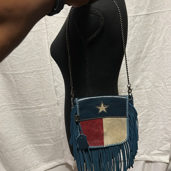 P&G Texas flag genuine leather red, cream, and blue crossbody with fringes. - Picture 14 of 16
